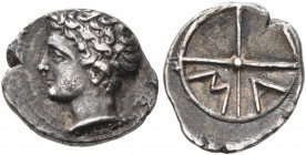 GAUL. Massalia. Circa 336-310 BC. Obol (Silver, 11 mm, 0.76 g). Bare head of Apollo to left. Rev. M-A within wheel of four spokes. Maurel 360. Beautif...