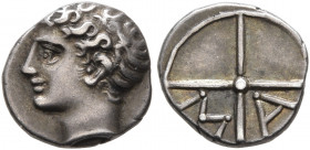 GAUL. Massalia. Circa 310-250 BC. Obol (Silver, 9 mm, 0.61 g). Bare head of Apollo to left. Rev. M-A within wheel of four spokes. Maurel 379 ff. Beaut...