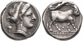CAMPANIA. Neapolis. Circa 320-300 BC. Didrachm or Nomos (Silver, 18 mm, 7.51 g, 12 h). Diademed head of a nymph to right, wearing triple-pendant earri...