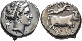 CAMPANIA. Neapolis. Circa 320-300 BC. Didrachm or Nomos (Silver, 18 mm, 7.23 g, 1 h). Diademed head of a nymph to right, wearing triple-pendant earrin...