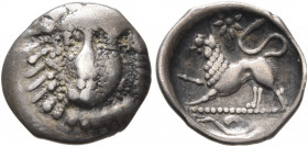 CAMPANIA. Phistelia. Circa 325-275 BC. Obol (Silver, 11 mm, 0.57 g, 6 h). Female head facing slightly to left, wearing pearl necklace. Rev. Lion stand...
