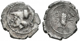 APULIA. Arpi. Circa 215-212 BC. Obol (Silver, 12 mm, 0.86 g, 1 h). Head of Athena to left, wearing crested Corinthian helmet. Rev. ΑΡ-ΠΑ Ear of barley...