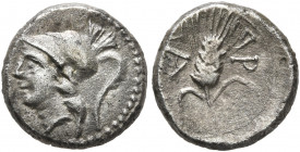 APULIA. Arpi. Circa 215-212 BC. Obol (Silver, 10 mm, 1.16 g, 1 h). Head of Athena to left, wearing crested Corinthian helmet. Rev. ΑΡ-ΠΑ Ear of barley...