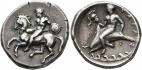 CALABRIA. Tarentum. Circa 344-340 BC. Didrachm or Nomos (Silver, 21 mm, 7.86 g, 12 h). Nude youth on horseback left, holding bridles in his right hand...