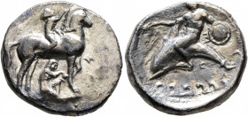 CALABRIA. Tarentum. Circa 340-335 BC. Didrachm or Nomos (Silver, 21 mm, 7.36 g, 6 h). Nude youth riding horse standing to right, raising his right han...