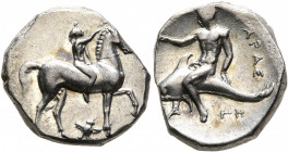CALABRIA. Tarentum. Circa 325/0-315 BC. Didrachm or Nomos (Silver, 19 mm, 7.87 g, 2 h). Nude youth riding horse standing to right, raising his right h...
