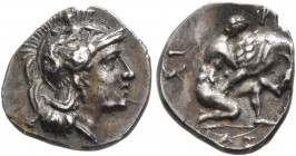 CALABRIA. Tarentum. Circa 325-280 BC. Diobol (Silver, 11 mm, 1.15 g, 11 h). Head of Athena to right, wearing crested Corinthian helmet adorned with Sk...
