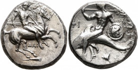 CALABRIA. Tarentum. Circa 315-302 BC. Didrachm or Nomos (Silver, 19 mm, 7.70 g, 9 h), Dai... and Phi..., magistrates. Nude, helmeted rider on horse ga...