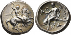 CALABRIA. Tarentum. Circa 315-302 BC. Didrachm or Nomos (Silver, 20 mm, 7.91 g, 9 h). Nude rider on horse galloping to right, stabbing with spear held...