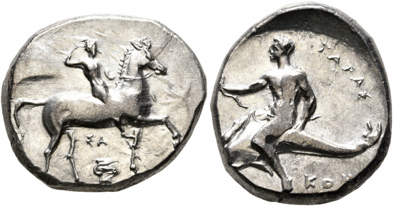 CALABRIA. Tarentum. Circa 302 BC. Didrachm or Nomos (Silver, 21 mm, 8.00 g, 9 h)...