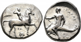 CALABRIA. Tarentum. Circa 302 BC. Didrachm or Nomos (Silver, 21 mm, 8.00 g, 9 h), Sa... and Kon..., magistrates. Nude youth on horseback to right, cro...