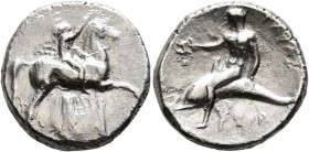 CALABRIA. Tarentum. Circa 302-290 BC. Didrachm or Nomos (Silver, 21 mm, 7.60 g, 9 h), Ago..., Kratinos and Xor..., magistrates. AΓΩ / KPAT/INOΣ Nude y...