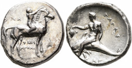 CALABRIA. Tarentum. Circa 302-280 BC. Didrachm or Nomos (Silver, 22 mm, 7.79 g, 6 h), Sa..., Philiarchos and Aga..., magistrates. Nude youth riding ho...