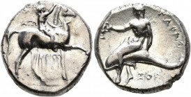 CALABRIA. Tarentum. Circa 302-280 BC. Didrachm or Nomos (Silver, 20 mm, 7.74 g, 8 h), Ago..., Kratinos and Zor..., magistrates. Nude youth riding hors...