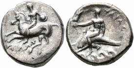 CALABRIA. Tarentum. Circa 280-272 BC. Didrachm or Nomos (Silver, 21 mm, 7.79 g, 3 h), Eu... and Philon, magistrates. Nude warrior on horseback left, h...