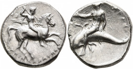 CALABRIA. Tarentum. Circa 280-272 BC. Didrachm or Nomos (Silver, 20 mm, 7.81 g, 5 h), Deinokrates and Si..., magistrates. ΔEINOKPATHΣ Nude rider on ho...