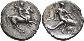 CALABRIA. Tarentum. Circa 280-272 BC. Didrachm or Nomos (Silver, 23 mm, 6.30 g, 1 h). Nude rider on horse galloping to right, stabbing with spear held...