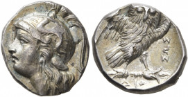 CALABRIA. Tarentum. Circa 280-272 BC. Drachm (Silver, 16 mm, 3.23 g, 3 h), Sos... and Dio..., magistrates. Head of Athena to left, wearing crested Att...
