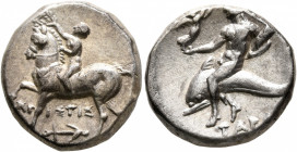 CALABRIA. Tarentum. Circa 272-240 BC. Didrachm or Nomos (Silver, 18 mm, 6.54 g, 3 h), Aristis, magistrate. Nude youth riding horse walking to left, ra...