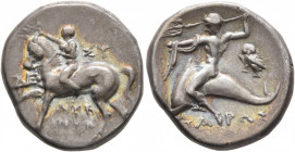 CALABRIA. Tarentum. Circa 272-240 BC. Didrachm or Nomos (Silver, 19 mm, 6.56 g, 8 h), De..., Sy... and Lykinos, magistrates. Nude youth riding horse w...