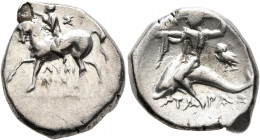 CALABRIA. Tarentum. Circa 272-240 BC. Didrachm or Nomos (Silver, 21 mm, 6.50 g, 9 h), Sy..., and Lykinos, magistrates. Nude youth riding horse walking...