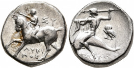 CALABRIA. Tarentum. Circa 272-240 BC. Didrachm or Nomos (Silver, 18 mm, 6.31 g, 3 h), Sy... and Lykinos, magistrates. Nude youth riding horse walking ...