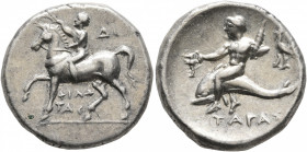 CALABRIA. Tarentum. Circa 272-240 BC. Didrachm or Nomos (Silver, 20 mm, 6.42 g, 5 h), Di... and Philotas, magistrates. Nude youth riding horse walking...