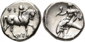 CALABRIA. Tarentum. Circa 272-240 BC. Didrachm or Nomos (Silver, 17 mm, 6.29 g, 12 h), Phi..., and Zopyros, magistrates. Nude youth riding horse walki...
