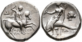 CALABRIA. Tarentum. Circa 272-240 BC. Didrachm or Nomos (Silver, 18 mm, 6.38 g, 7 h), Di... and Aristokles, magistrates. Nude rider on horse galloping...