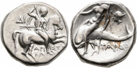 CALABRIA. Tarentum. Circa 272-240 BC. Didrachm or Nomos (Silver, 17 mm, 6.60 g, 12 h), Di... and Aristokles, magistrates. Nude rider on horse gallopin...