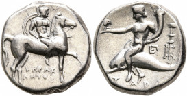 CALABRIA. Tarentum. Circa 272-240 BC. Didrachm or Nomos (Silver, 18 mm, 6.37 g, 6 h), Herakletos, magistrate. Nude rider on horse walking to right, ho...