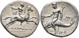 CALABRIA. Tarentum. Circa 240-228 BC. Didrachm or Nomos (Silver, 21 mm, 6.51 g, 5 h), Daimachos, magistrate. ΔAIMAXOC Nude youth on galloping horse to...