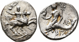 CALABRIA. Tarentum. Circa 240-228 BC. Didrachm or Nomos (Silver, 20 mm, 6.38 g, 3 h), Kallikrates, magistrate. Warrior on horseback to right, holding ...