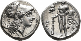 LUCANIA. Herakleia. Circa 281-278 BC. Didrachm or Nomos (Silver, 18 mm, 7.83 g, 11 h). [HPAKΛEIΩN] Head of Athena to right, wearing Corinthian helmet ...