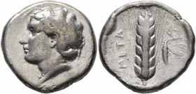LUCANIA. Metapontion. Circa 430-400 BC. Nomos (Silver, 21 mm, 7.63 g, 12 h). Head of Demeter to left, wearing pearl necklace and with her hair wreathe...
