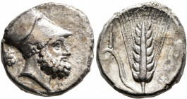 LUCANIA. Metapontion. Circa 340-330 BC. Nomos (Silver, 20 mm, 7.58 g, 9 h). Bearded head of Leukippos to right, wearing Corinthian helmet; in field to...