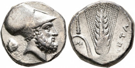 LUCANIA. Metapontion. Circa 340-330 BC. Nomos (Silver, 19 mm, 7.84 g, 7 h). Bearded head of Leukippos to right, wearing Corinthian helmet; behind, hea...