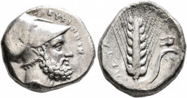 LUCANIA. Metapontion. Circa 340-330 BC. Nomos (Silver, 20 mm, 7.84 g, 8 h). ΛΕΥΚΙΠΠΟΣ Bearded head of Leukippos to right, wearing Corinthian helmet; b...