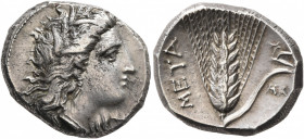 LUCANIA. Metapontion. Circa 330-290 BC. Didrachm or Nomos (Silver, 22 mm, 7.91 g, 10 h). Head of Demeter to right, wearing wreath of barley ears, pend...