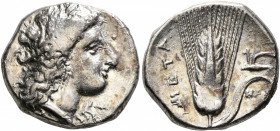 LUCANIA. Metapontion. Circa 330-290 BC. Nomos (Silver, 21 mm, 7.72 g, 6 h). Head of Demeter to right, wearing wreath of grain ears, triple pendant ear...
