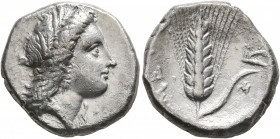 LUCANIA. Metapontion. Circa 330-290 BC. Nomos (Silver, 20 mm, 7.72 g, 2 h). Head of Demeter to right, wearing wreath of grain ears, triple pendant ear...