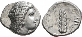 LUCANIA. Metapontion. Circa 330-290 BC. Nomos (Silver, 21 mm, 7.73 g, 7 h). Head of Demeter to right, wearing wreath of grain ears, triple pendant ear...
