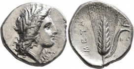 LUCANIA. Metapontion. Circa 330-290 BC. Nomos (Silver, 22 mm, 7.76 g, 3 h). Head of Demeter to right, wearing wreath of grain ears, triple pendant ear...