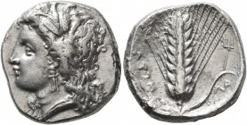 LUCANIA. Metapontion. Circa 330-290 BC. Nomos (Silver, 21 mm, 7.67 g, 3 h). Head of Demeter to left, wearing wreath of grain ears, triple pendant earr...