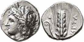 LUCANIA. Metapontion. Circa 330-290 BC. Nomos (Silver, 20 mm, 7.91 g, 9 h). Head of Demeter to left, wearing wreath of grain ears, triple pendant earr...