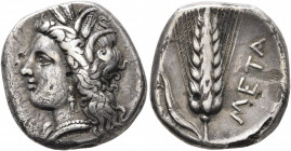 LUCANIA. Metapontion. Circa 330-290 BC. Nomos (Silver, 21 mm, 6.61 g, 12 h). Head of Demeter to left, wearing wreath of grain ears, triple pendant ear...