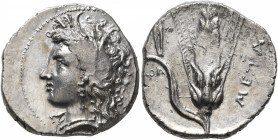 LUCANIA. Metapontion. Circa 330-290 BC. Nomos (Silver, 22 mm, 7.63 g, 9 h). Head of Demeter to left, wearing wreath of grain ears, triple pendant earr...