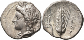 LUCANIA. Metapontion. Circa 330-290 BC. Didrachm or Nomos (Silver, 23 mm, 7.70 g, 12 h). Head of Demeter to left, wearing wreath of grain ears, triple...