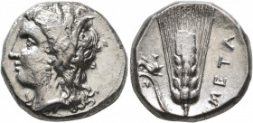 LUCANIA. Metapontion. Circa 330-290 BC. Nomos (Silver, 20 mm, 7.87 g, 1 h). Head of Demeter to left, wearing wreath of grain ears, triple pendant earr...