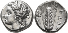 LUCANIA. Metapontion. Circa 330-290 BC. Nomos (Silver, 17 mm, 7.84 g, 2 h). Head of Demeter to left, wearing wreath of grain ears, triple pendant earr...